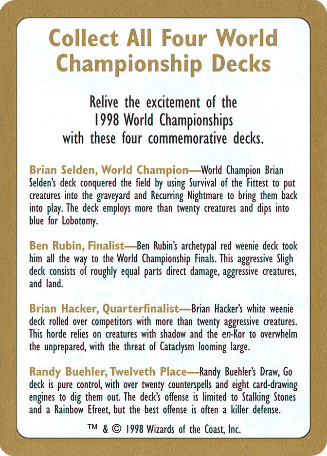 1998 World Championship Advertisement Card