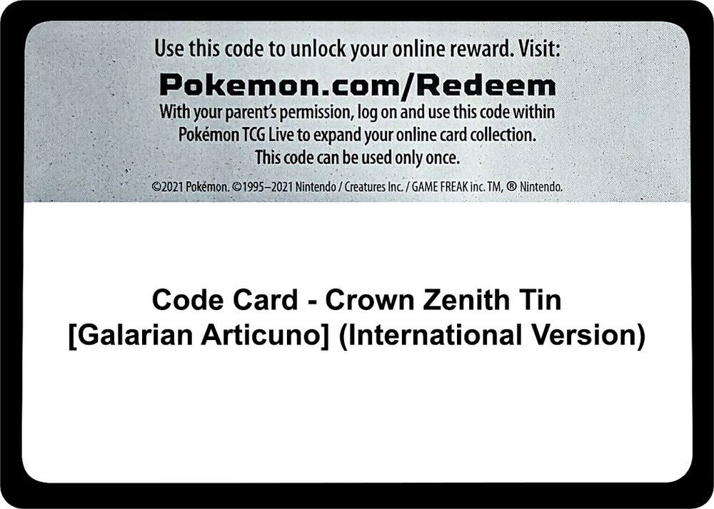 Code Card - Crown Zenith Tin [Galarian Articuno] (International Version)