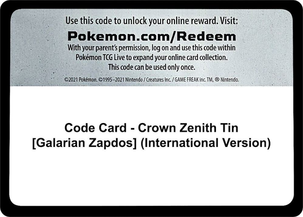 Code Card - Crown Zenith Tin [Galarian Zapdos] (International Version)