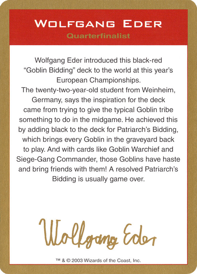 2003 Wolfgang Eder Biography Card