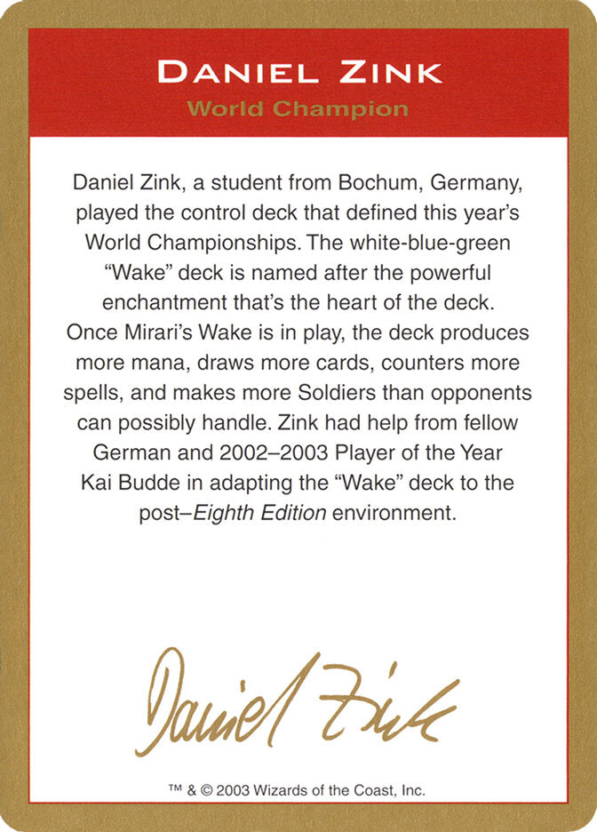 2003 Daniel Zink Biography Card