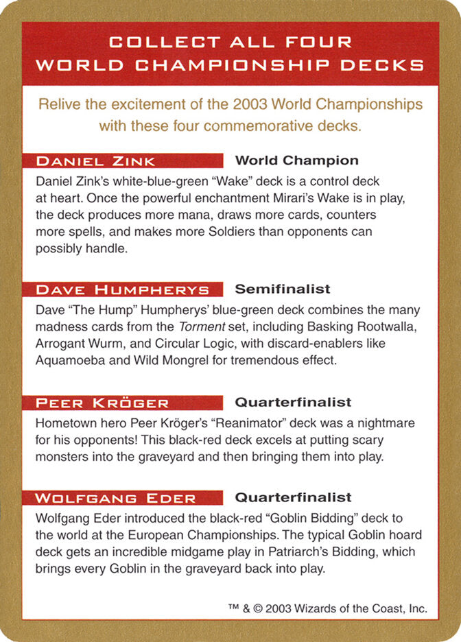2003 World Championship Advertisement Card